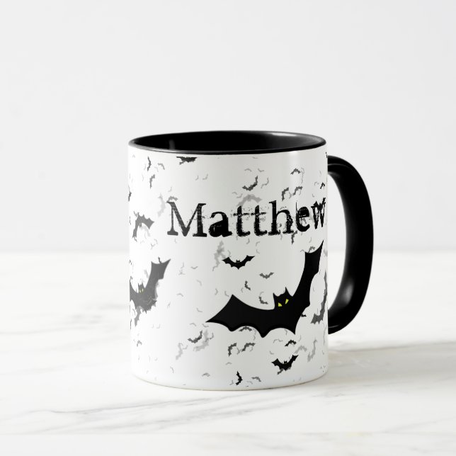 Mug Chauve-souris éffrayante d'Halloween, Votre nom Mu (Devant droit)