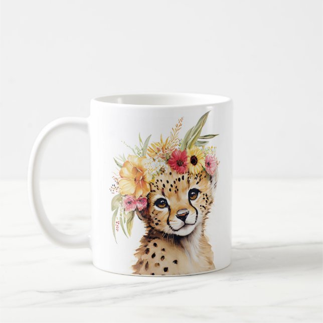 Mug Cheetah Flower Crown Art Aquarelle Safari Floral (Gauche)