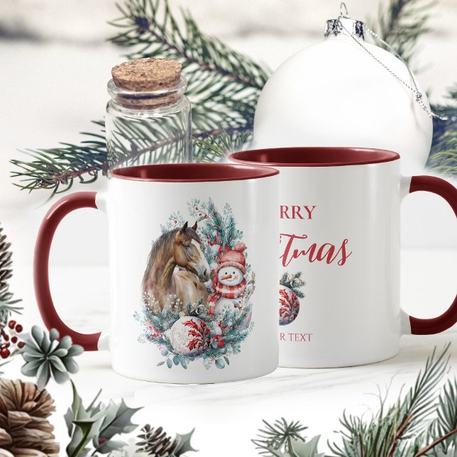 Mug Cheval bonhomme de neige aquarelle de Noël élégant (Horse snowman Christmas mug, horse lover, equestrian Christmas drinkware)