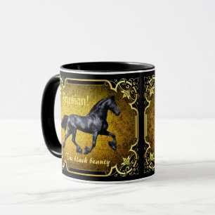Mug Cheval friésien, silhouette/or/muqueuse noire/noi