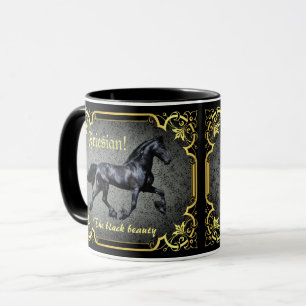 Mug Cheval friésien, silhouette/or/muqueuse noire/noi
