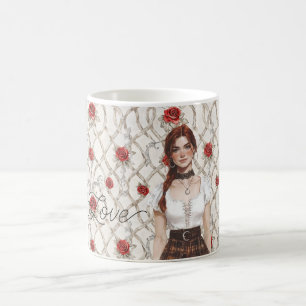 Mug Cheveux Rouges Femme Roses Faux Bois Floral Amour