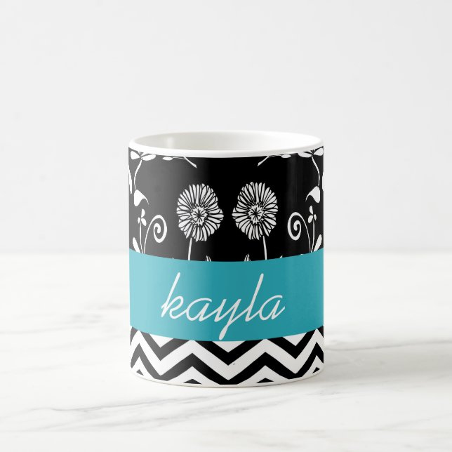 Mug Chevron personnalisé & Turquoise floral blanc & no (Centre)