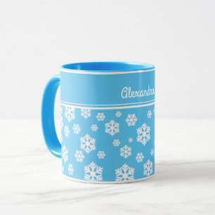 Mug Chic blanc Snowflakes Motif nordique sur bleu clai