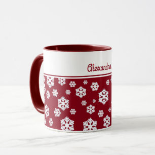 Mug Chic blanc Snowflakes Motif nordique sur rouge fon