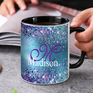 Mug Chic Bleu rose iridescent paillettes monogramme