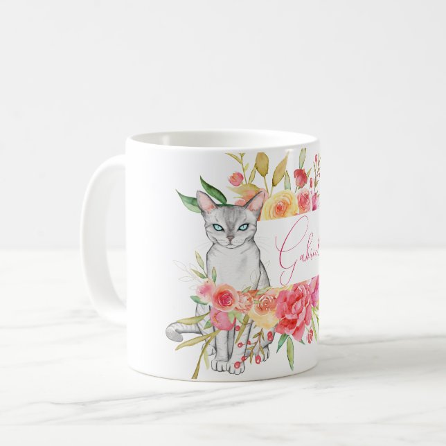 Mug Chic Chat Blanc et Jardin Fleur Personnalisé (Devant gauche)