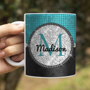 Mug Chic faux paillettes argent turquoise noir monogra
