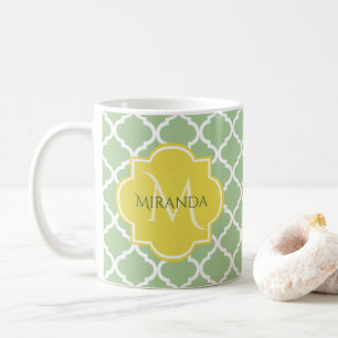 Mug Chic Pastel Green Quatrefoil Jaune Nom Monogramme