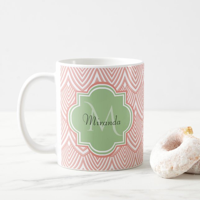 Mug Chic Pink Arched Scallops Soft Green Monogramme No (Avec donut)