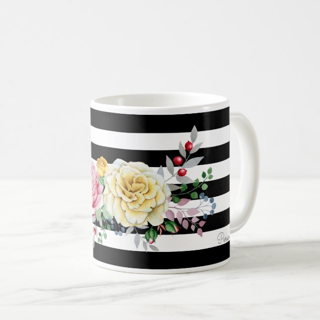 Mug Chic Rose Floral tendance rayures noires et nom (Devant droit)