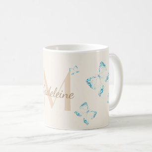 Mug Chic Whimsical Elegant Bleu Papillons Monogramme