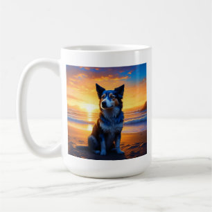 Mug Chien assis sur Ocean Beach au coucher du soleil a