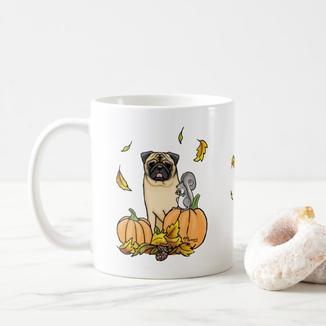 Mug Chien Carlin d'automne (fawn) Citrouille mignon Fe (Avec donut)