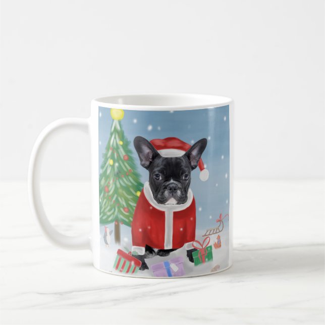 Mug Chien de taureau français en neige avec cadeaux de (Gauche)