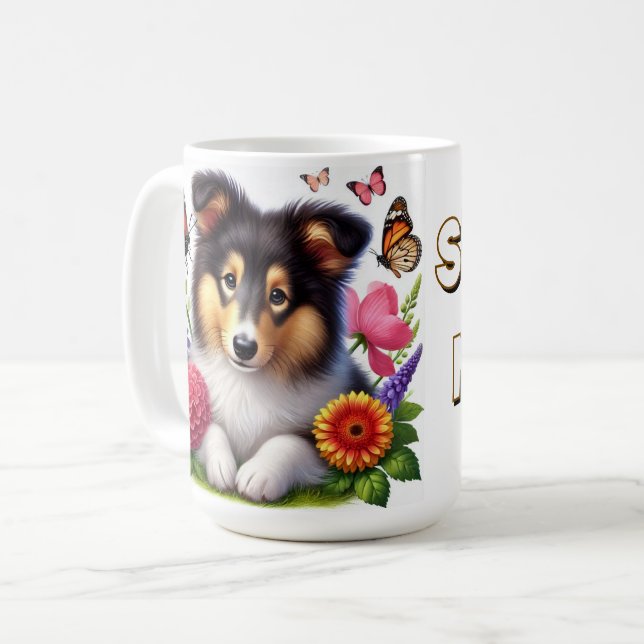 Mug Chien-mouton Shetland avec fleurs et papillons (Devant gauche)