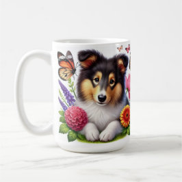 Mug Chien-mouton Shetland avec fleurs et papillons