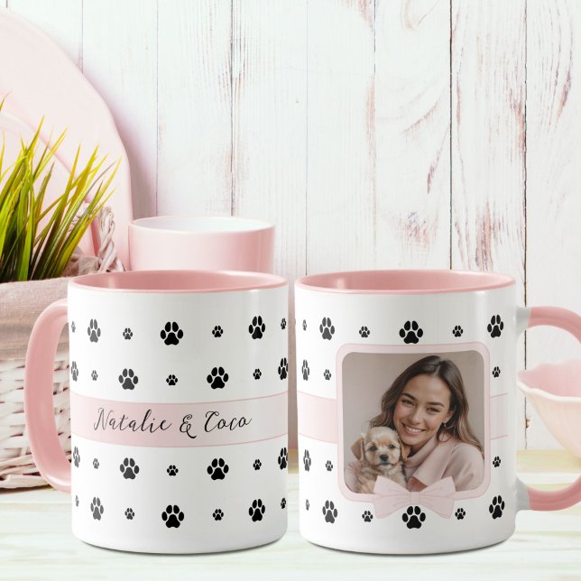 Mug Chien Paw Blush Pink Bow Photo personnalisée et te (Créateur téléchargé)