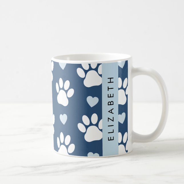 Mug Chien Paws, White Paws, Blue Hearts, Votre Nom (Droite)