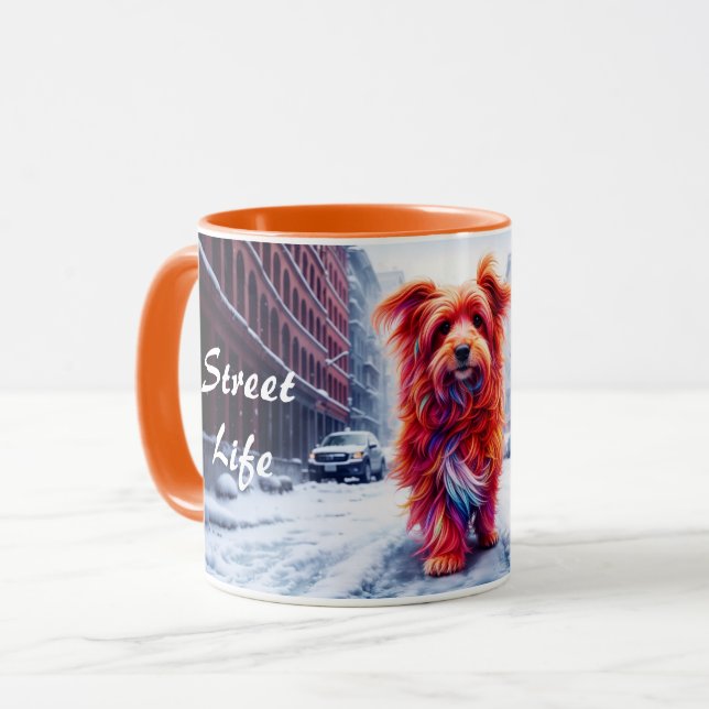 Mug Chien rouge marchant dans la rue d'hiver enneigée (Devant gauche)