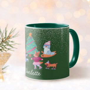 Mug Chiens de fête Patinage sur glace Noël Nom vert
