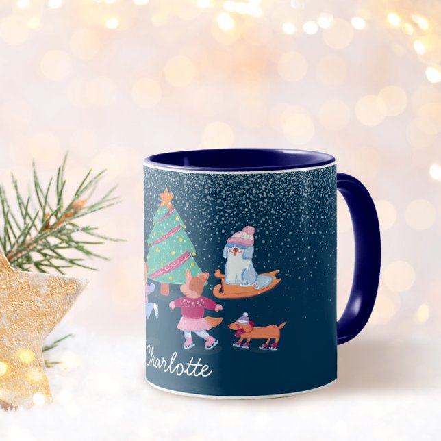 Mug Chiens d'hiver Patinage sur glace Bleu foncé Nom d (Créateur téléchargé)
