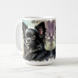 Mug Chihuahua noir à poils longs en aquarelle