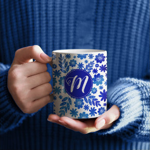 Mug Chine bleue Tiré à la main motif floral & Monogram