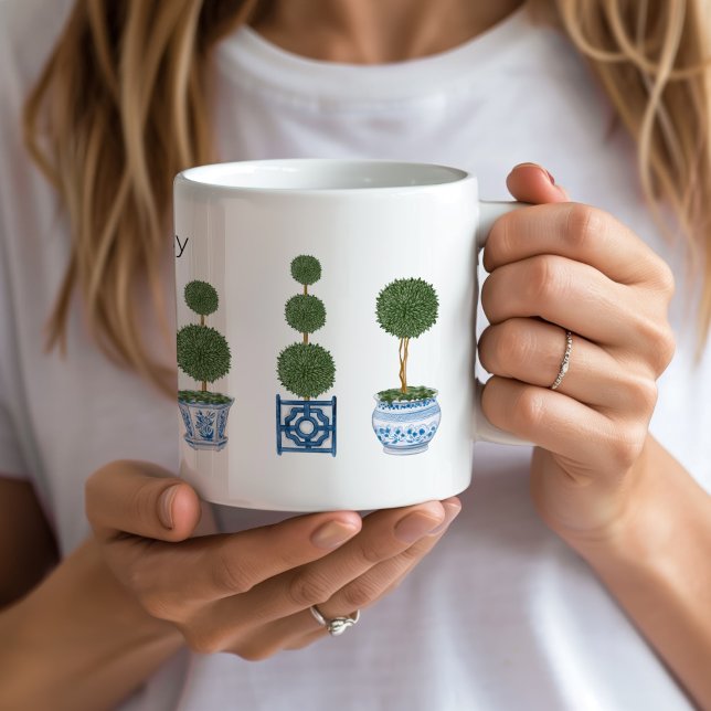 Mug Chinoiserie Topiary Tree Trio Céramique (personalized topiary tree chinoiserie mug custom name)