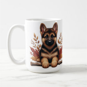 Mug chiot berger allemand posé avec des feuilles d'au