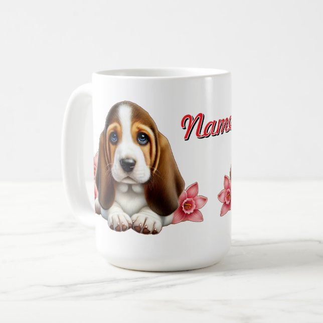 Mug Chiot Hound Personnalisé Avec Fleurs (Devant gauche)