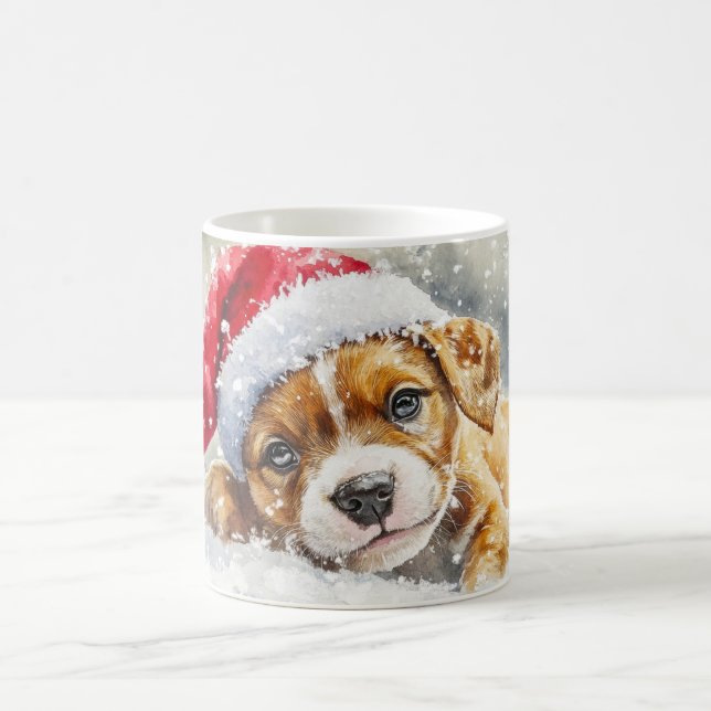 Mug Chiot jouant avec Santa Hat - Aquarelle (Centre)