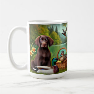 Mug Chiots Labrador Chocolat au bord d'un lac avec des