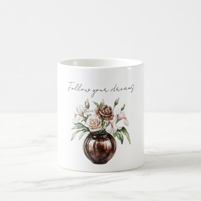 Mug Chocolate Brown Ivory Cream Flowers (Centre)