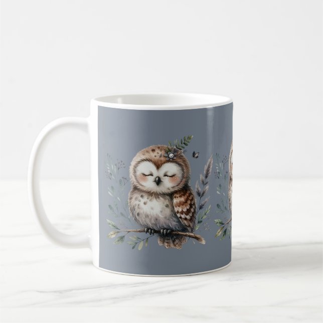 Mug Chouette à l'aquarelle mignonne avec style boisé f (Gauche)