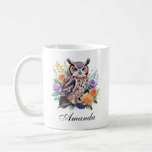 Mug Chouette aquarelle aux fleurs colorées