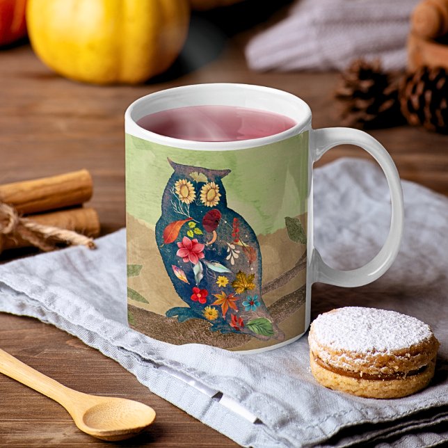 Mug Chouette Rustique D'Automne Avec Fleurs Inspiratio (Créateur téléchargé)