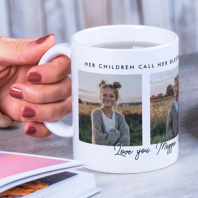 Mug Christian Blessed Mom Cadeau photo collage minimal (A minimalist Christian mug with Proverbs 31:28 and 3 photo frames.)