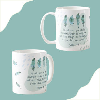 Mug Christian Boho Feathers Psaume 91:4 Vert Bleu