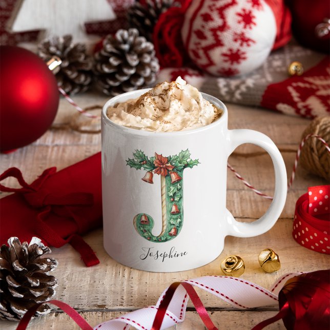 Mug Christmas Holly & Bells Letter J Personalized Name (Christmas Holly & Bells Letter J Personalized Name Coffee Mug)