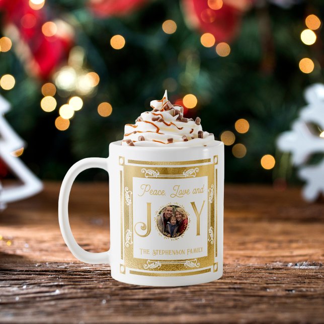 Mug Christmas Peace Love and Joy Photo de famille (Christmas Peace, Love and Joy Family Photo Holiday Coffee Mug -- White and Faux Gold)