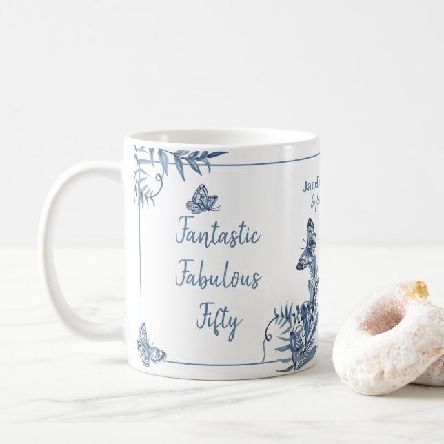 Mug Cinquante Fabuleuse aquarelle bleu floral 50 Anniv (Avec donut)