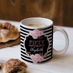 Mug Cinquante & Fantastique Fleurs Roses Rayées 50e An