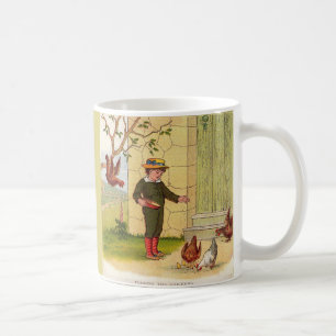 Mug circa 1900 alimentant les poulets