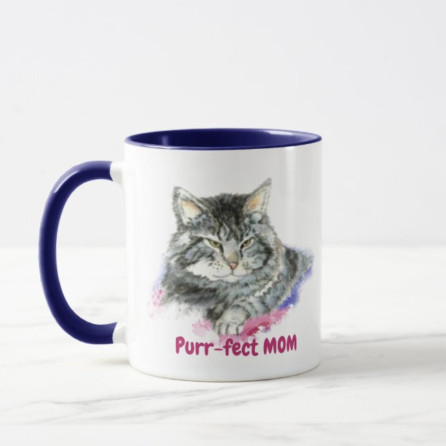 Mug Citation amusante Purrr-fect Maman aquarelle Chat (Gauche)