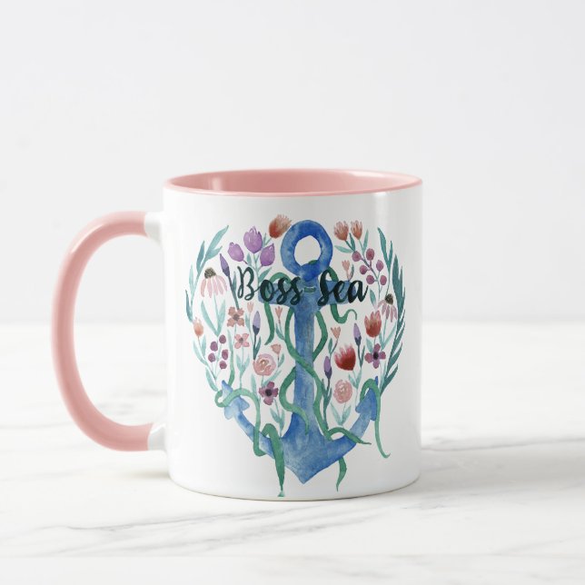 Mug Citation de mer Boss Ancre Fleurs Feuille Aquarell (Gauche)