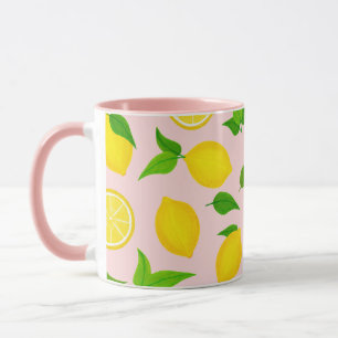 Mug Citrons jaunes d'été Feuilles verts sur rose pâ