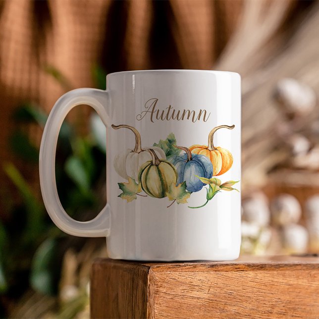Mug Citrouilles d'aquarelle d'automne (Beautiful watercolor pumpkins in shades of blue, green, orange, and white are featured on this mug)