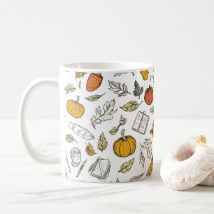 Mug Citrouilles orange et feuilles de style gravé.