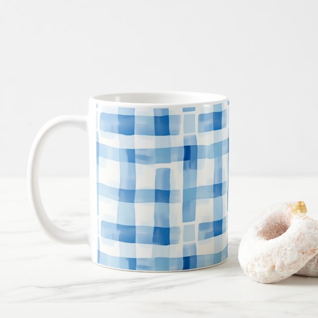Mug Classic Blue and White Gingham Checkered Pattern (Avec donut)